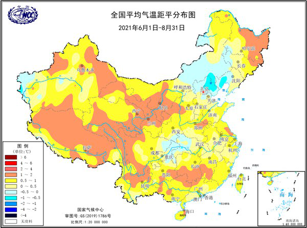 2021年夏季全国平均气温距平分布图(℃)