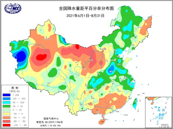 2021年夏季全国降水量距平百分率分布图(%)